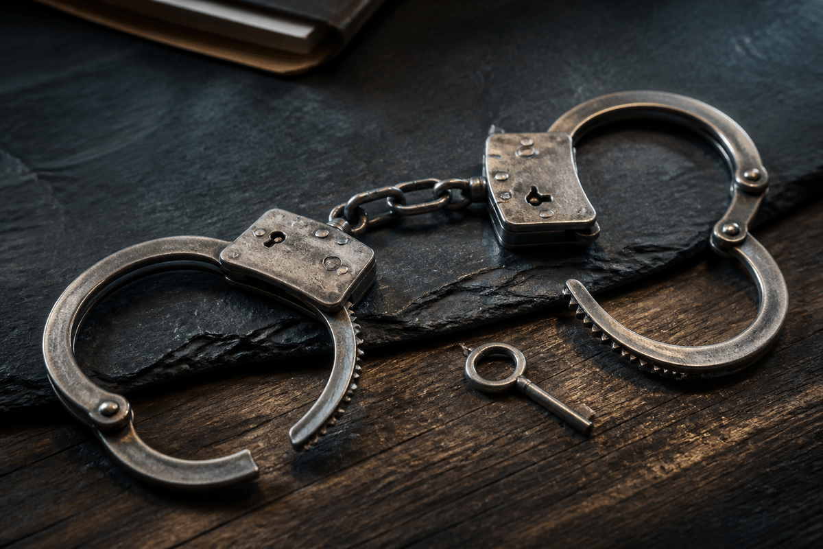 Opened handcuffs and a key on a dark surface