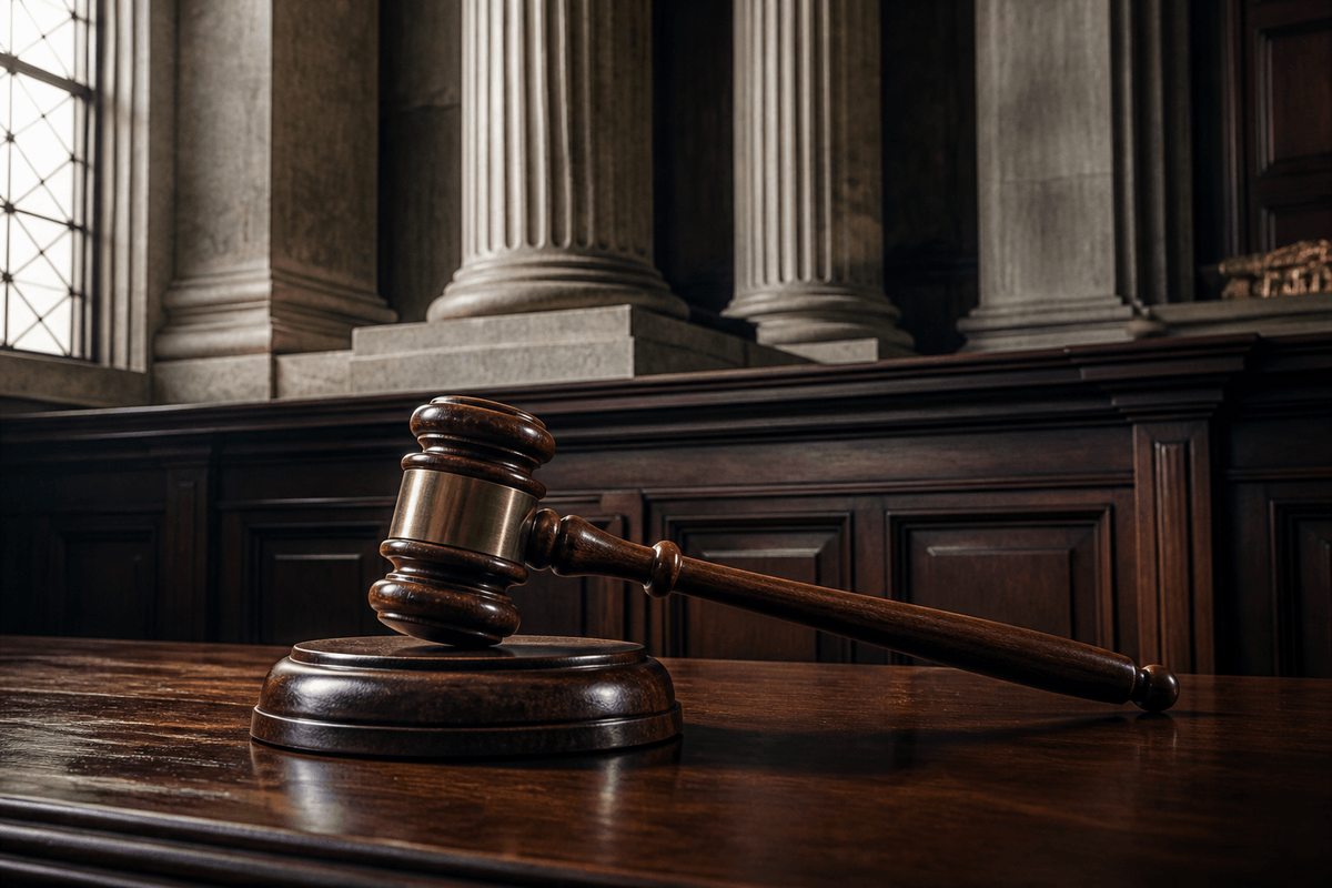 Judge's gavel on a courthouse bench